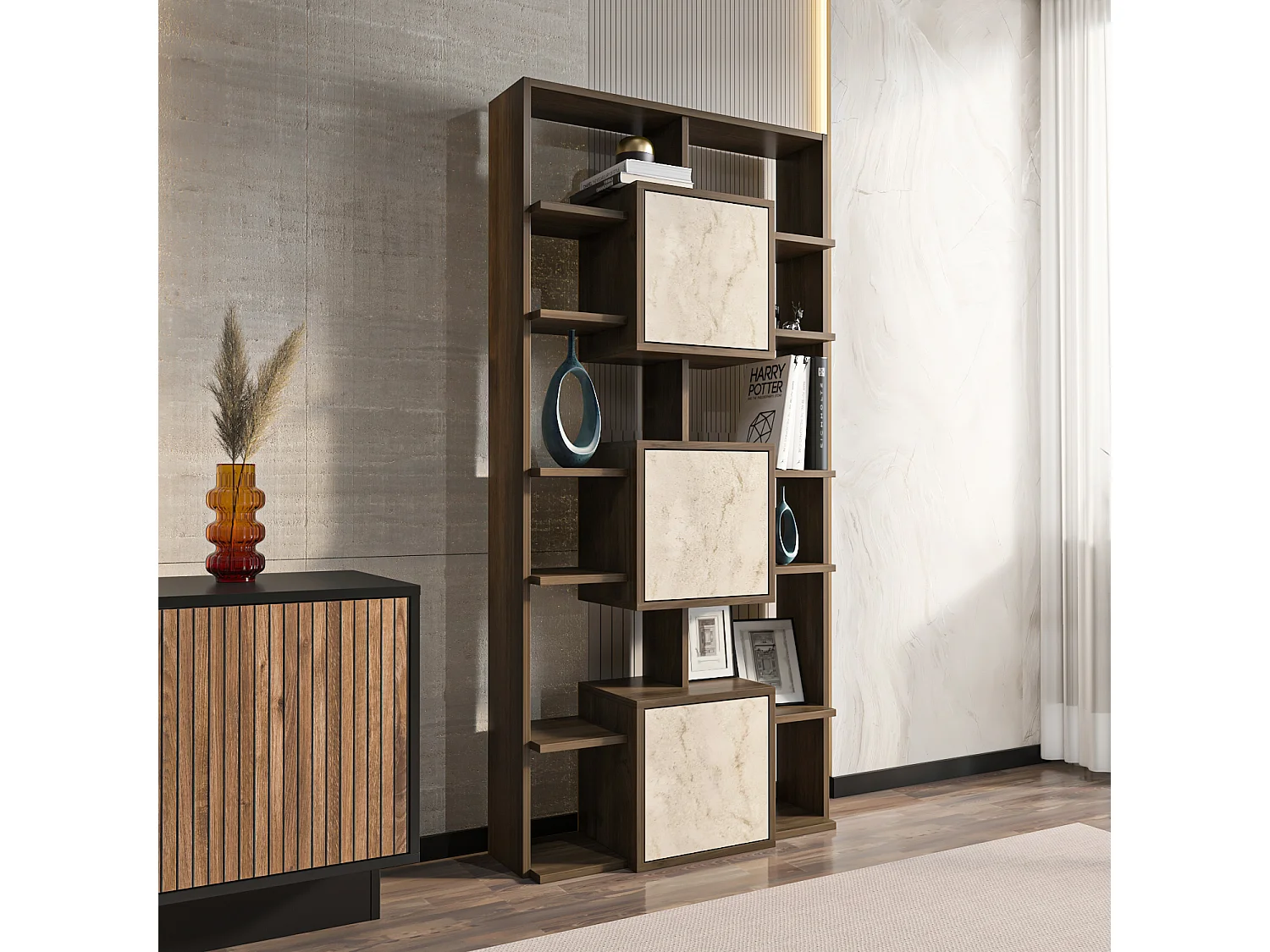 Monaco Bibliothèque Hauteur de 176 cm Placards et Niches (Noyer et Traverter)