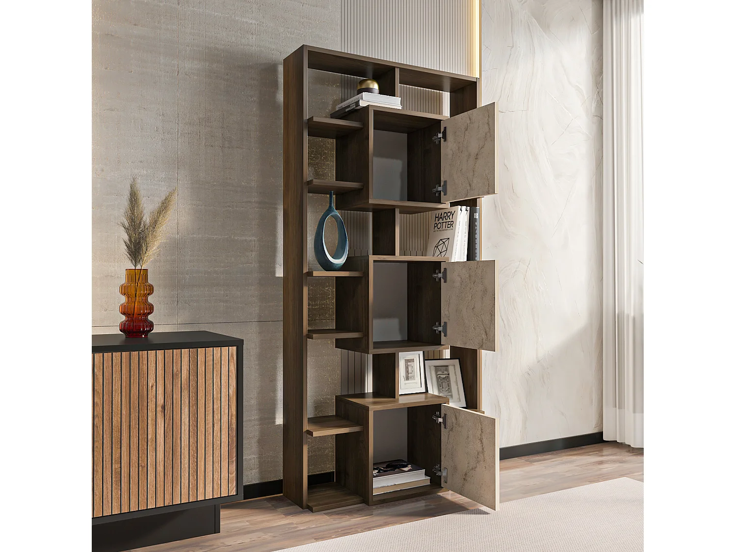 Monaco Bibliothèque Hauteur de 176 cm Placards et Niches (Noyer et Traverter)