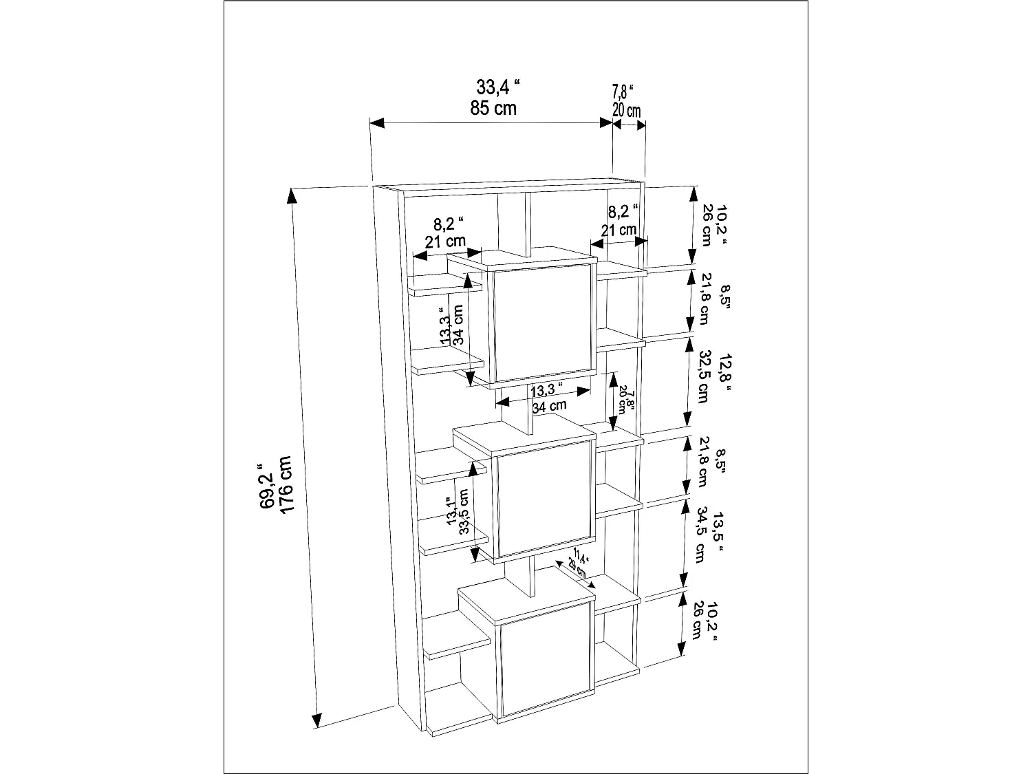 Decorotika Monaco Modern Bookcase wit Cabinets and Shelves  - 176 cm H x 85 cm W x 20 cm D