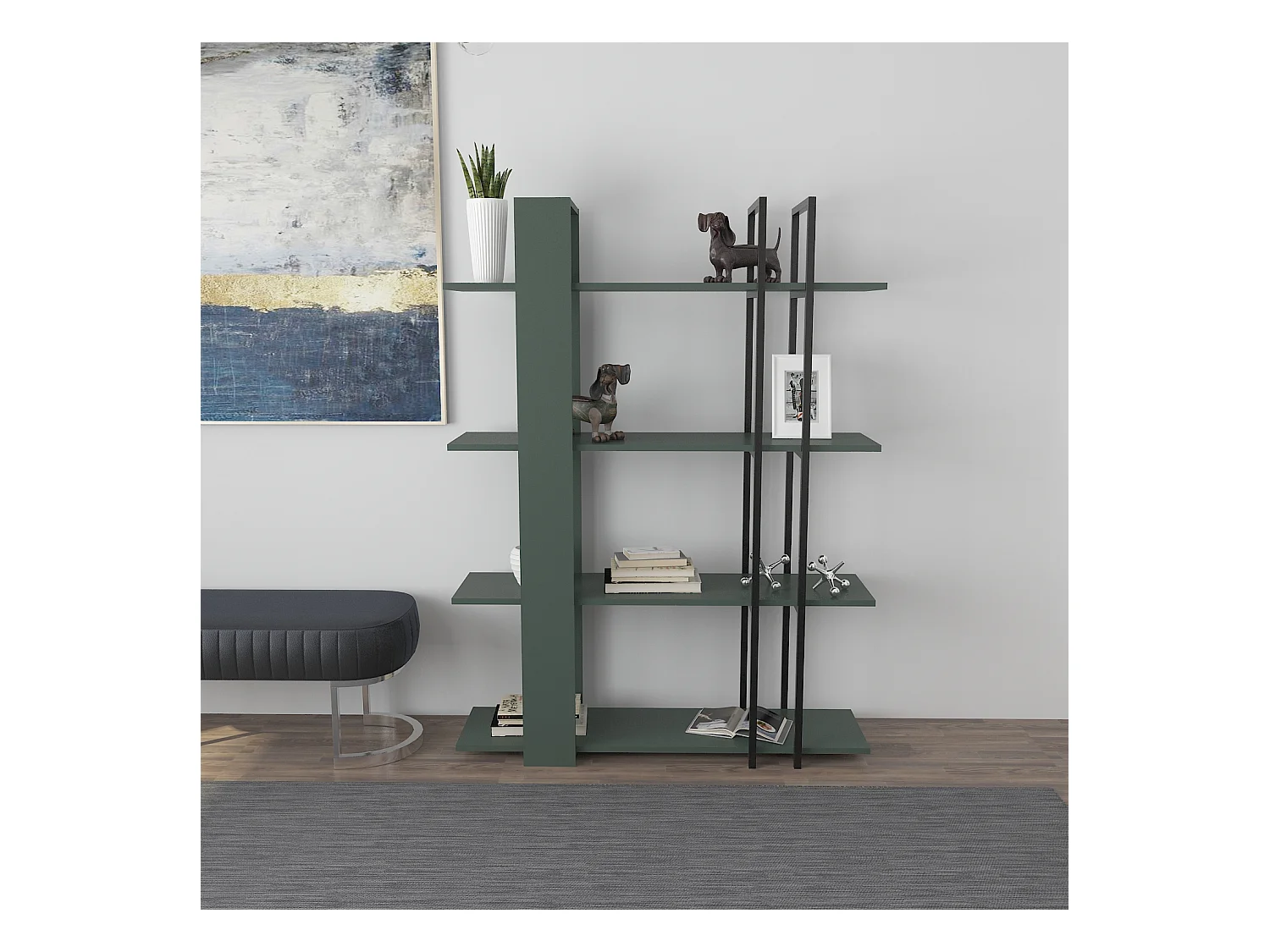 Onno Bibliothèque 160 cm Hauteur 4 Niveaux Cadre en Métal (Silva et Noir)