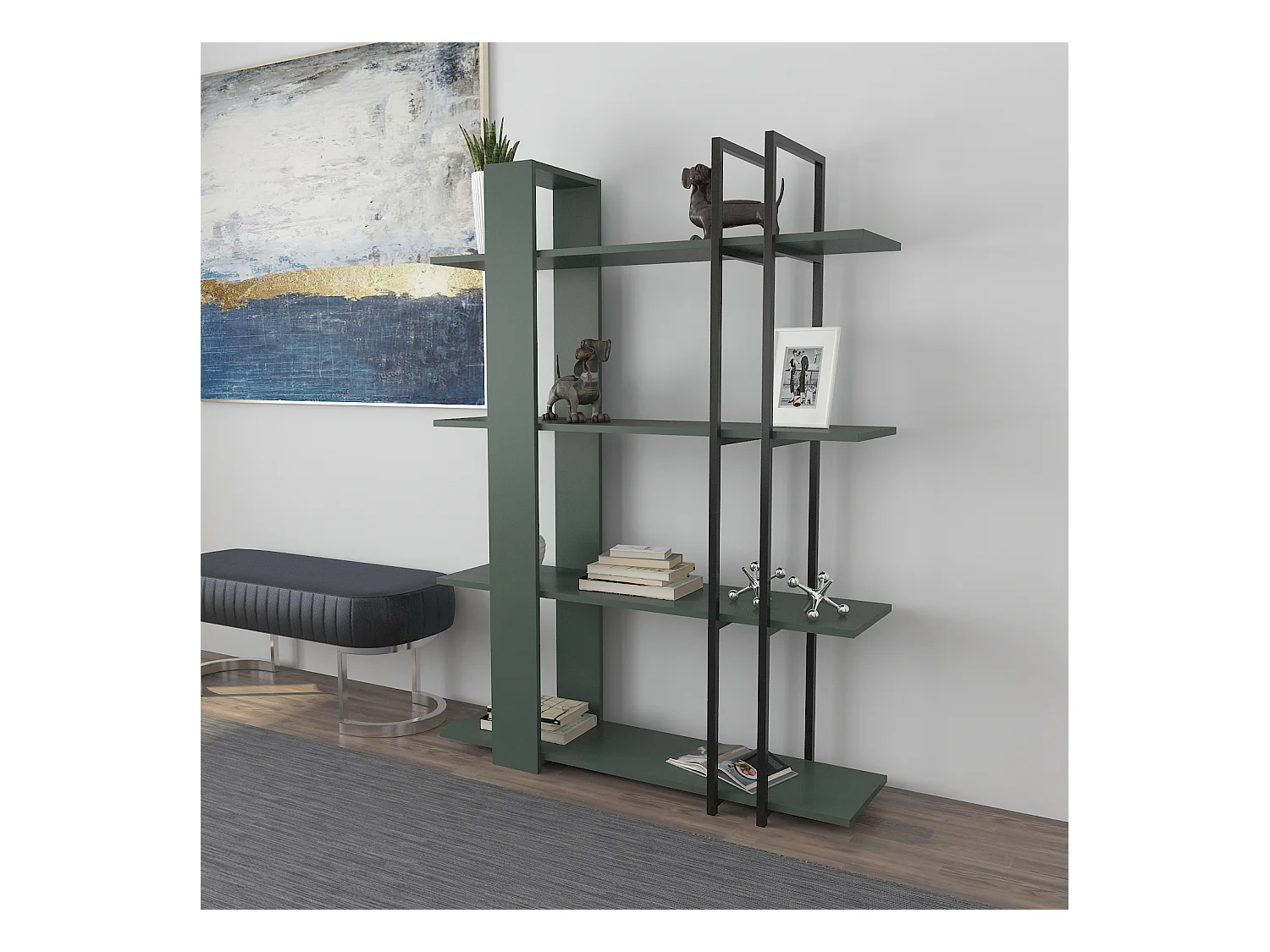 Onno Bibliothèque 160 cm Hauteur 4 Niveaux Cadre en Métal (Silva et Noir)