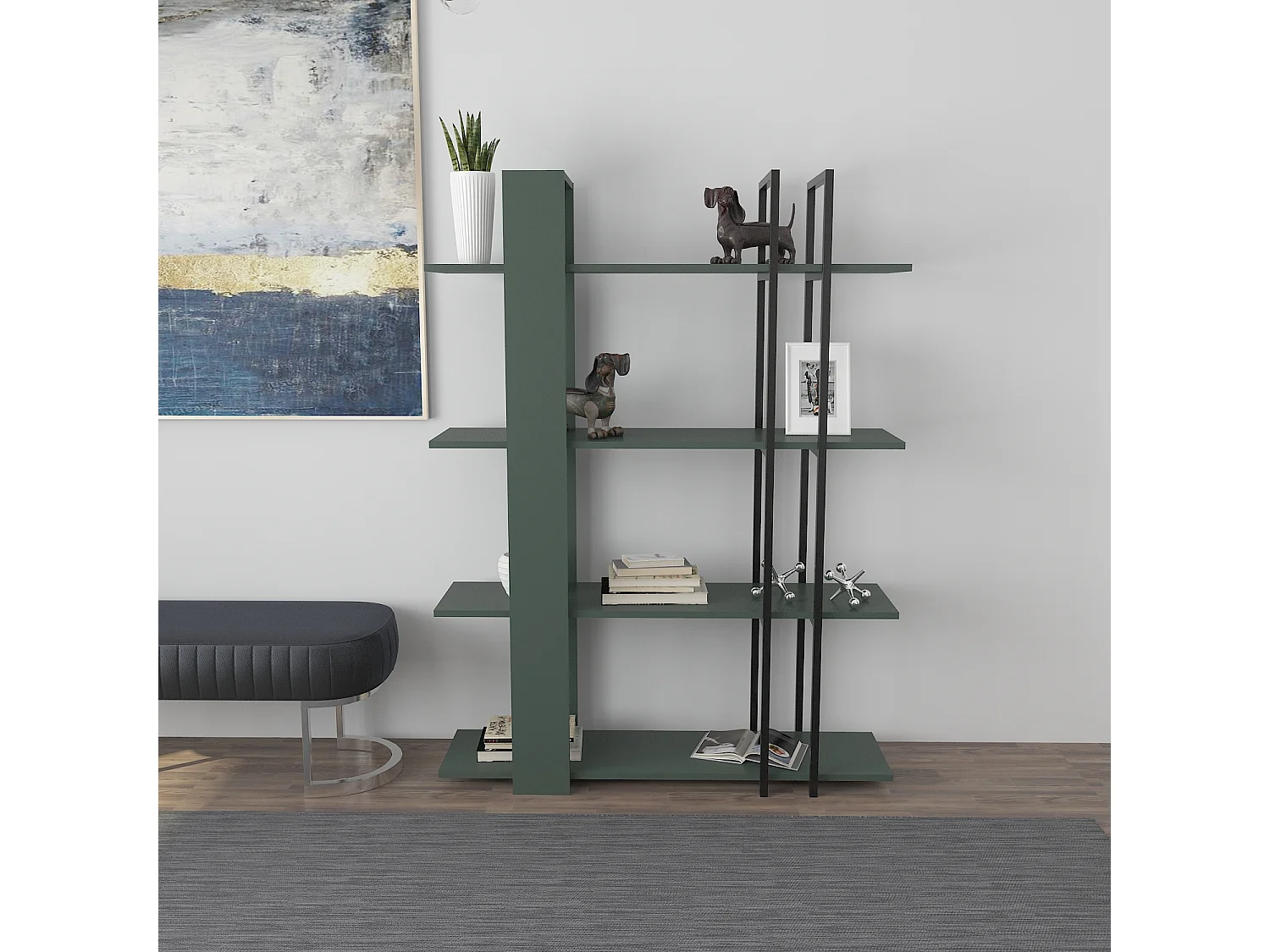 Onno Bibliothèque 160 cm Hauteur 4 Niveaux Cadre en Métal (Silva et Noir)