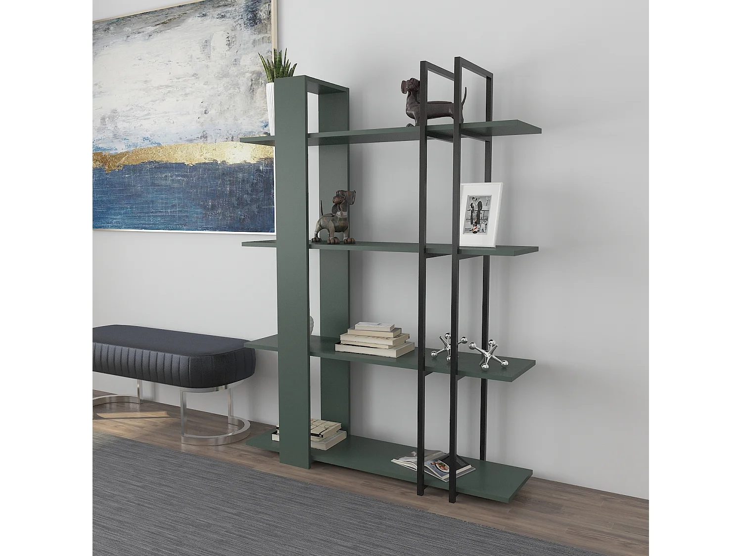 Onno Bibliothèque 160 cm Hauteur 4 Niveaux Cadre en Métal (Silva et Noir)