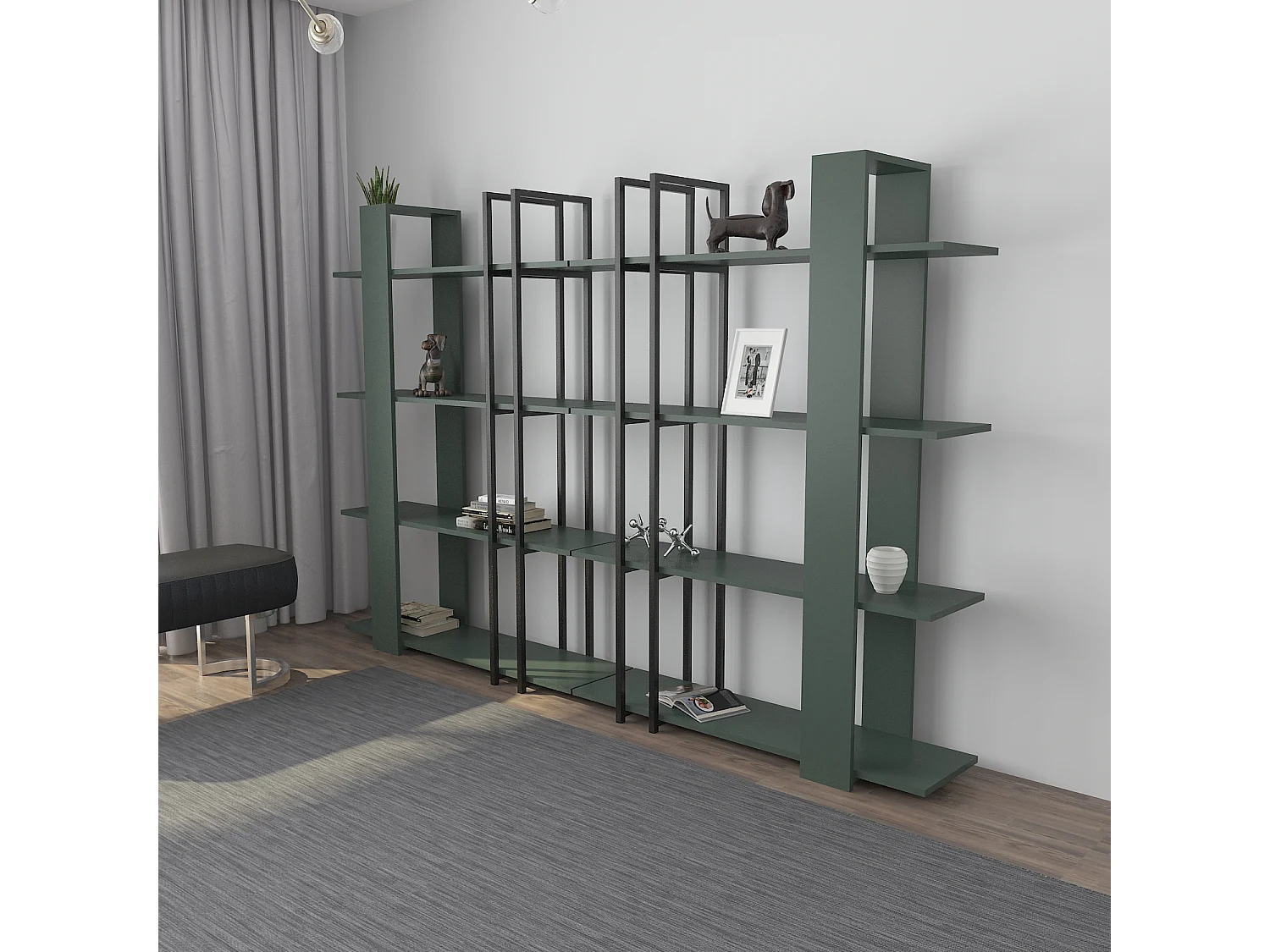 Onno Bibliothèque 160 cm Hauteur 4 Niveaux Cadre en Métal (Silva et Noir)