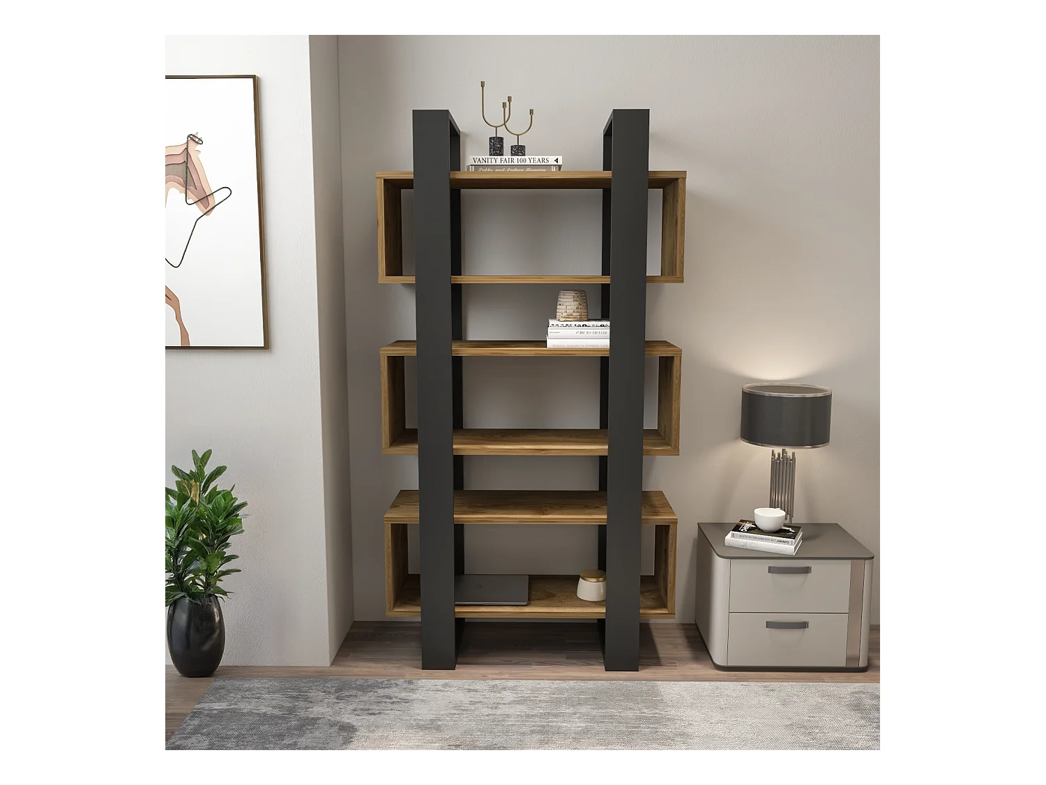 Reina Bibliothèque 150 cm H  Rangement 3 Niveaux Étagères (Oud et Noir)
