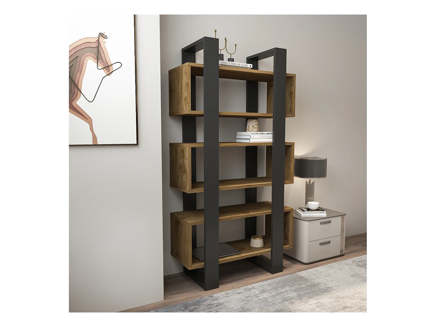 Reina Bibliothèque 150 cm H  Rangement 3 Niveaux Étagères (Oud et Noir)