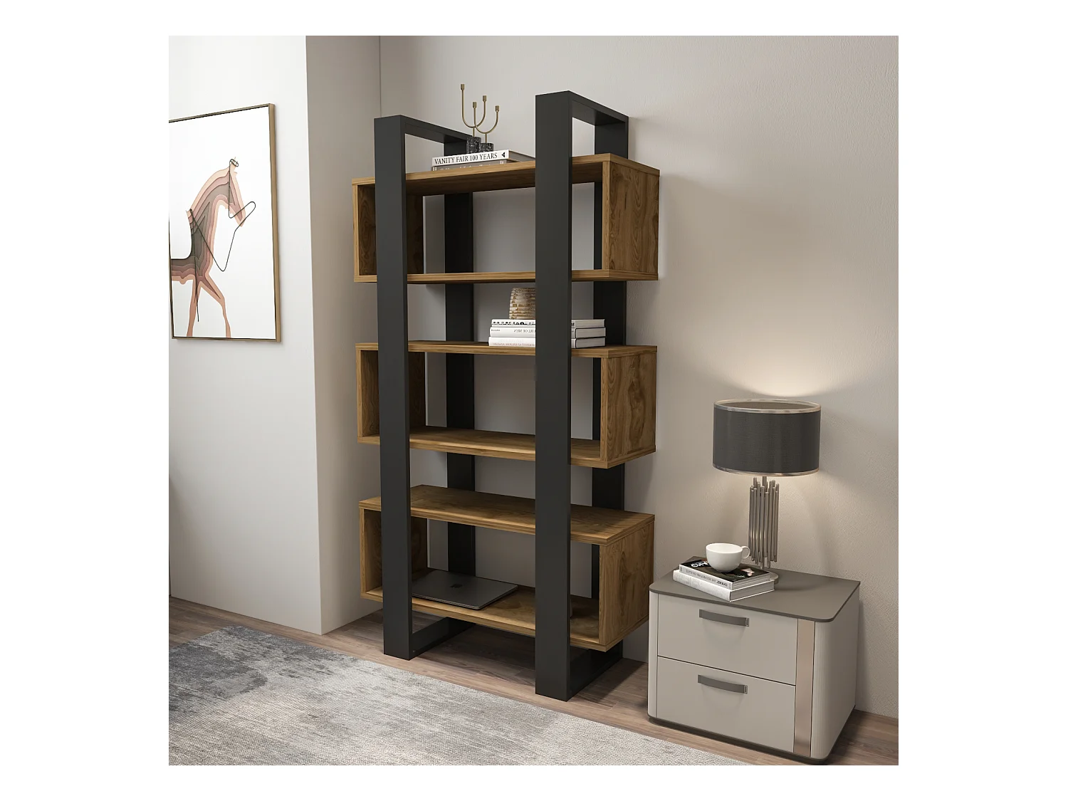 Reina Bibliothèque 150 cm H  Rangement 3 Niveaux Étagères (Oud et Noir)