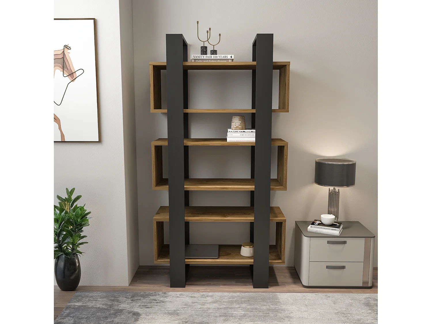 Reina Bibliothèque 150 cm H  Rangement 3 Niveaux Étagères (Oud et Noir)