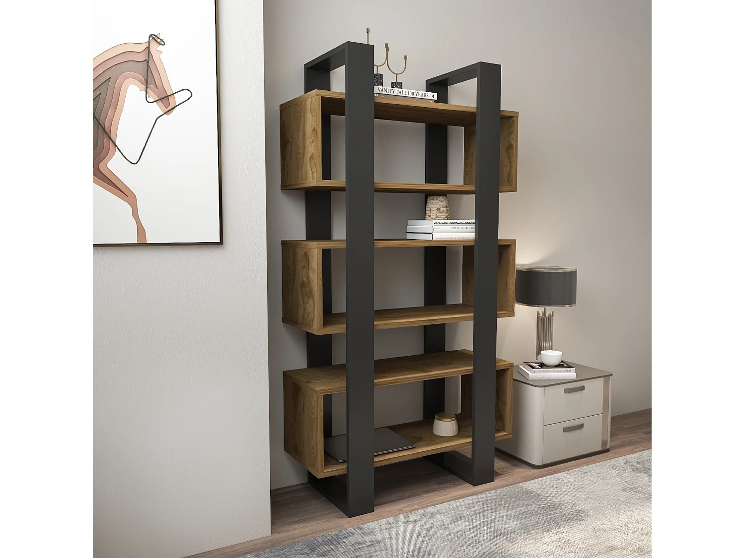 Reina Bibliothèque 150 cm H  Rangement 3 Niveaux Étagères (Oud et Noir)