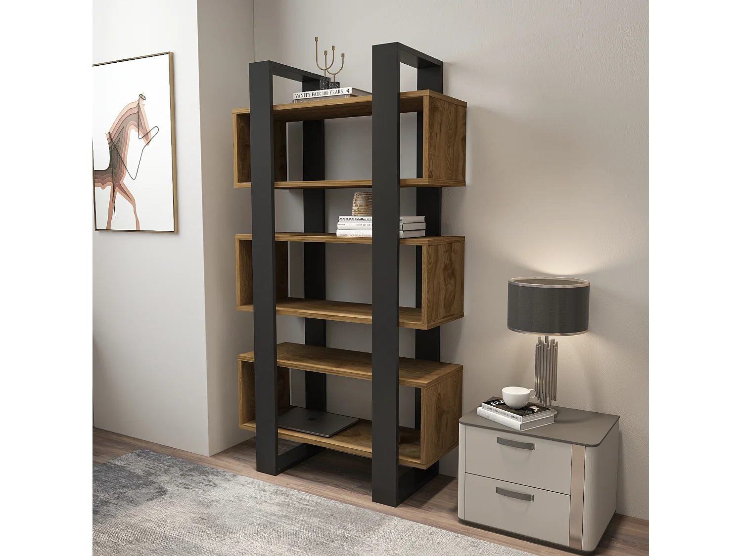 Reina Bibliothèque 150 cm H  Rangement 3 Niveaux Étagères (Oud et Noir)