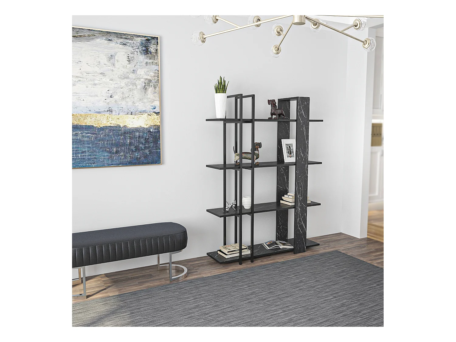 Onno Bibliothèque 160 cm Hauteur 4 Niveaux Cadre en Métal (Bendire et Noir)