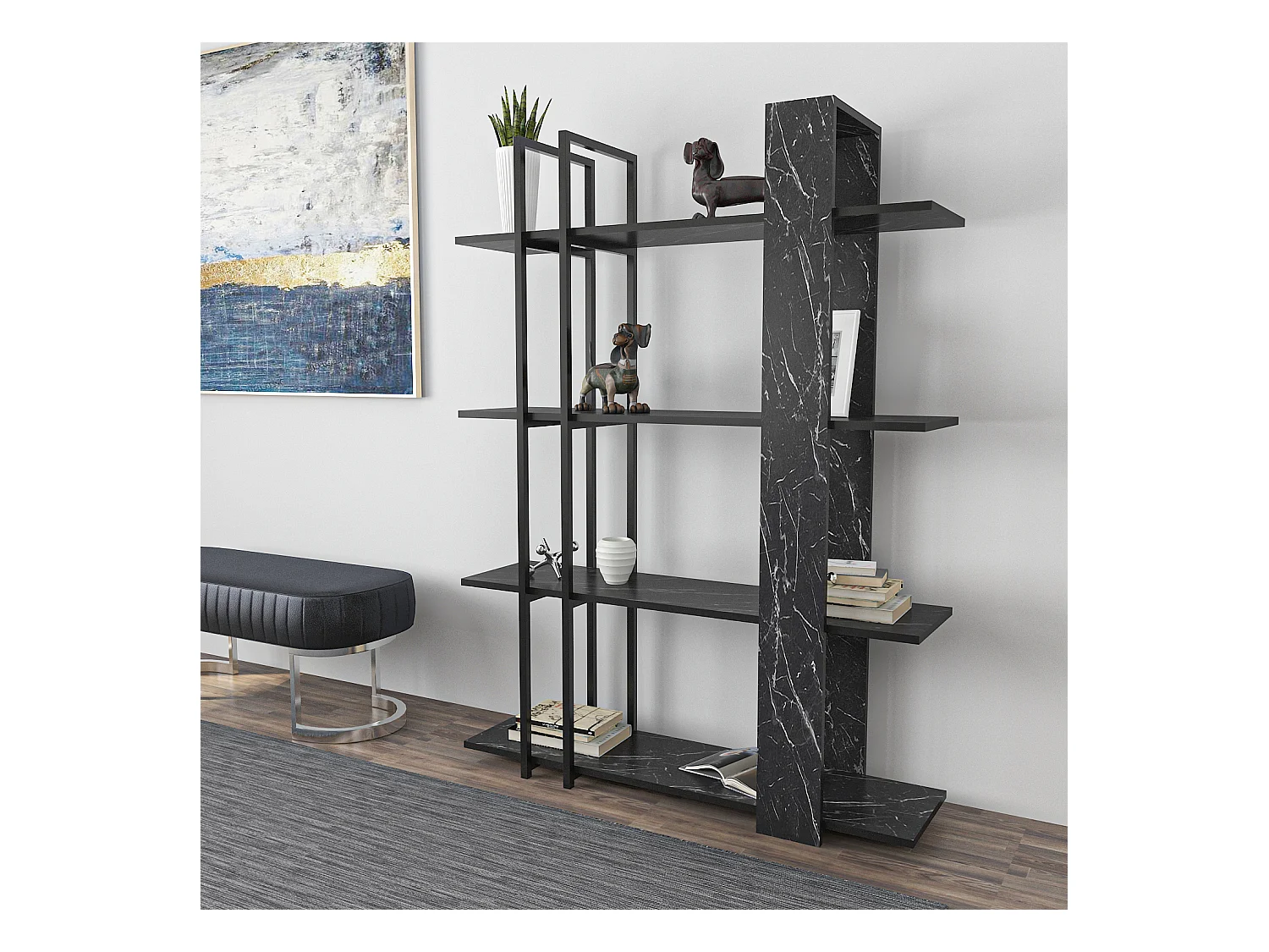 Onno Bibliothèque 160 cm Hauteur 4 Niveaux Cadre en Métal (Bendire et Noir)