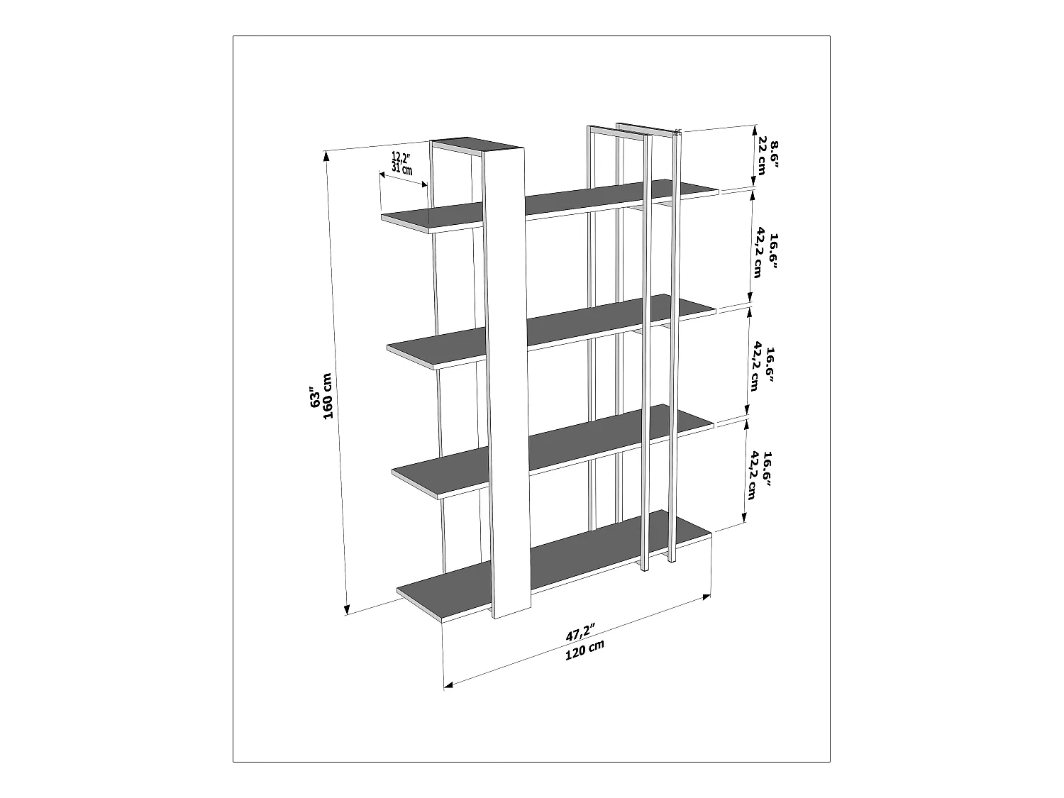Onno Bibliothèque 160 cm Hauteur 4 Niveaux Cadre en Métal (Bendire et Noir)
