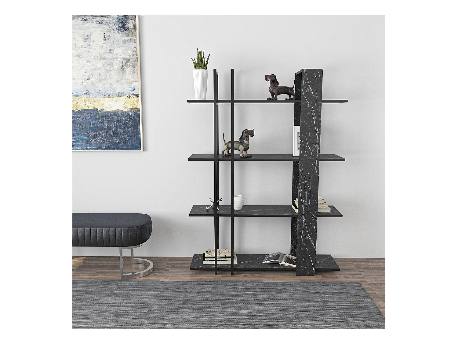 Onno Bibliothèque 160 cm Hauteur 4 Niveaux Cadre en Métal (Bendire et Noir)