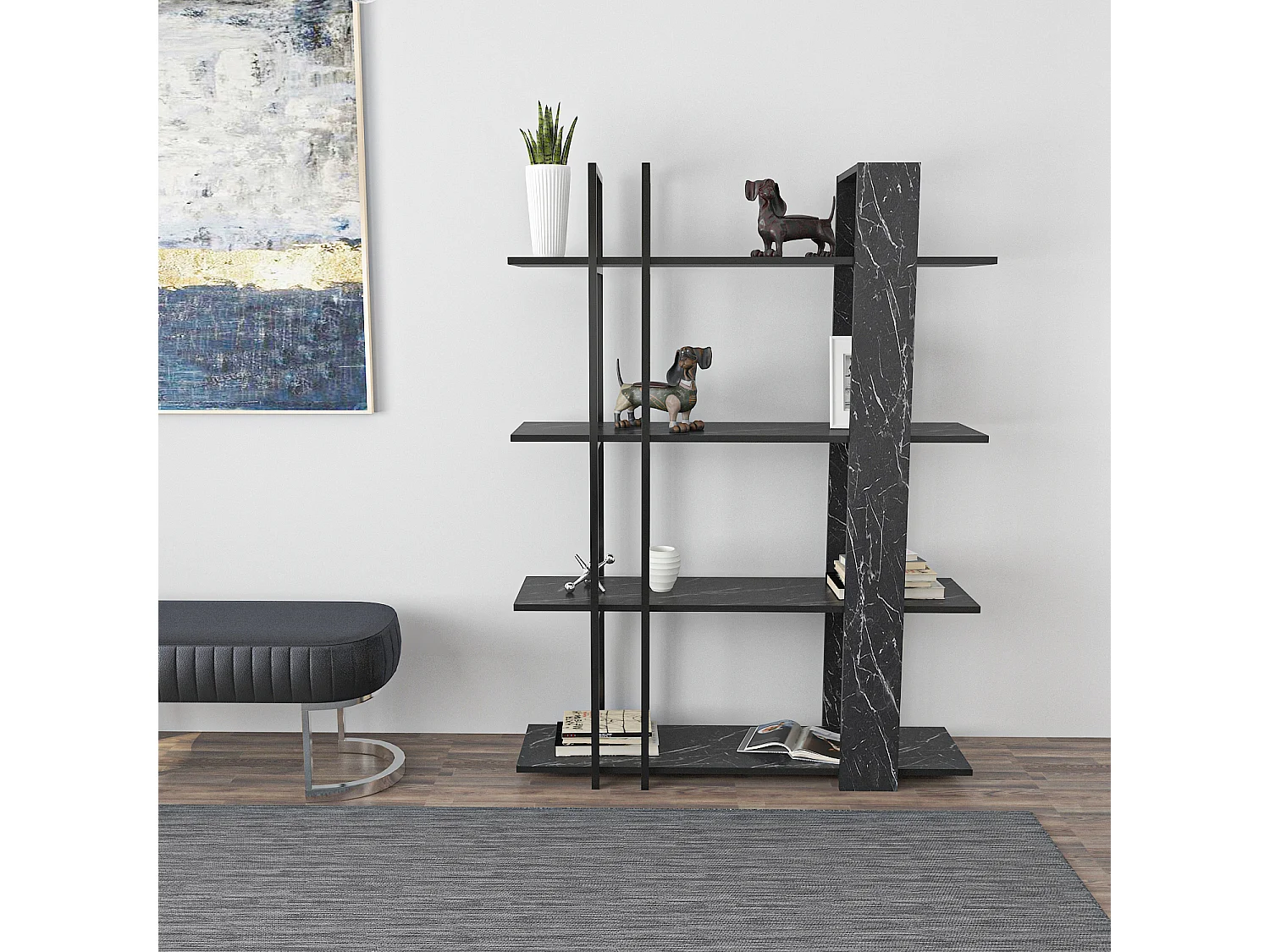 Onno Bibliothèque 160 cm Hauteur 4 Niveaux Cadre en Métal (Bendire et Noir)