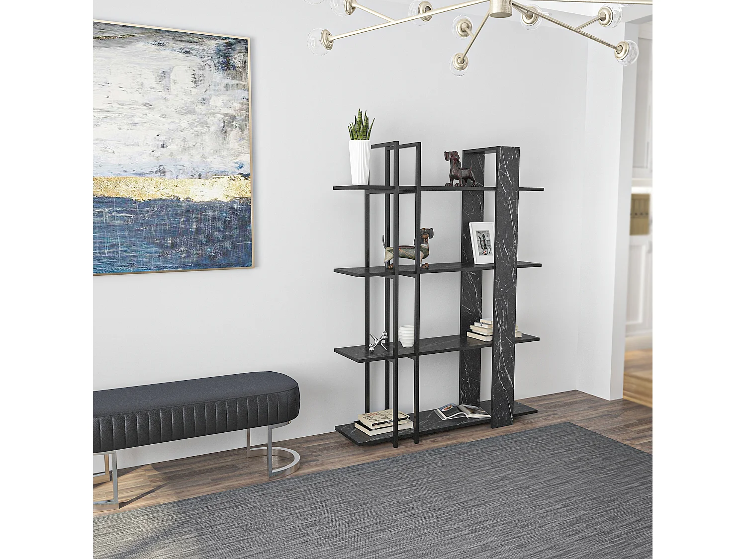 Onno Bibliothèque 160 cm Hauteur 4 Niveaux Cadre en Métal (Bendire et Noir)