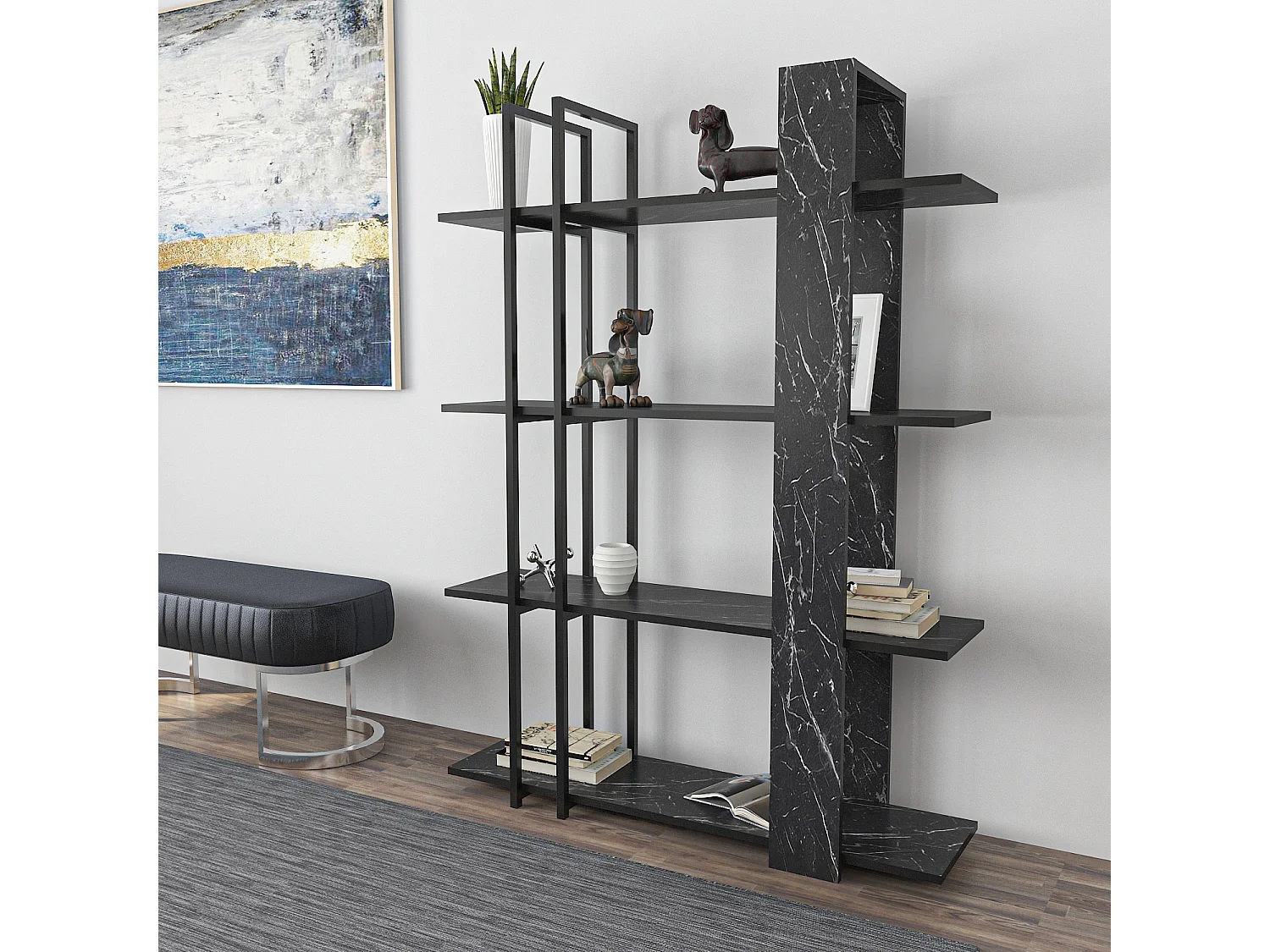 Onno Bibliothèque 160 cm Hauteur 4 Niveaux Cadre en Métal (Bendire et Noir)