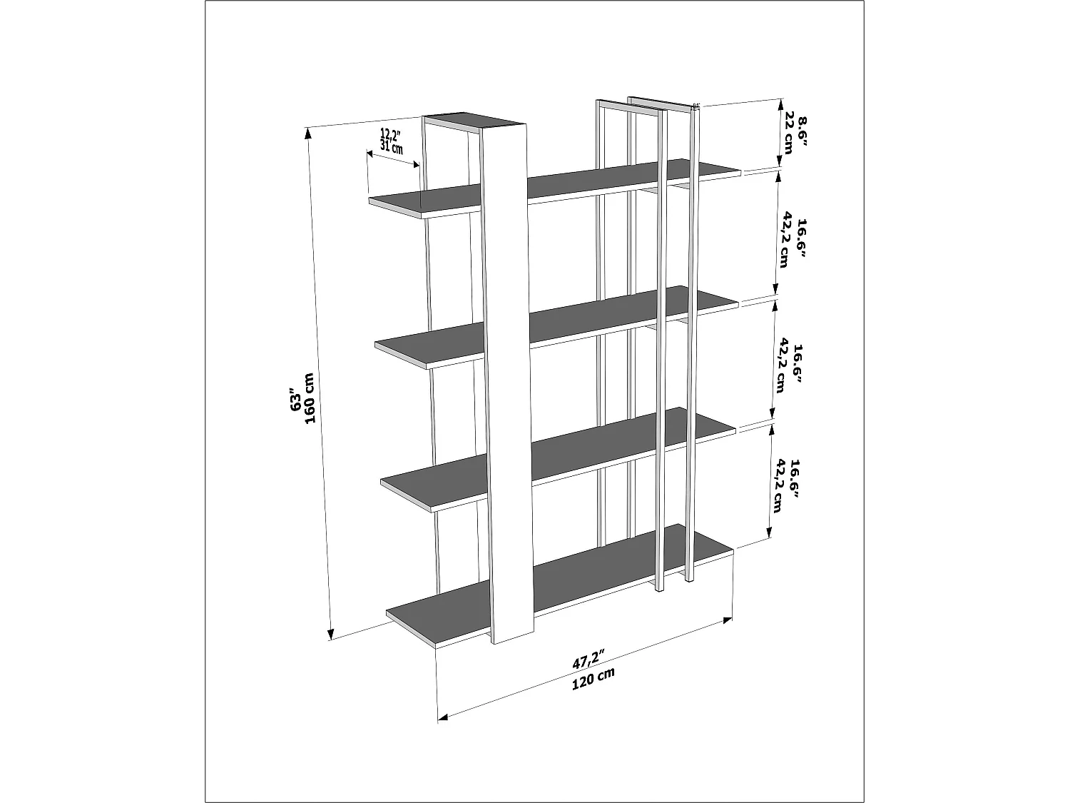 Onno Bibliothèque 160 cm Hauteur 4 Niveaux Cadre en Métal (Bendire et Noir)