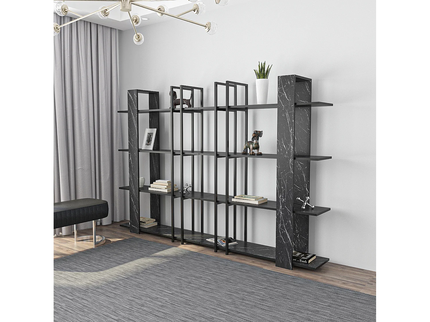 Onno Bibliothèque 160 cm Hauteur 4 Niveaux Cadre en Métal (Bendire et Noir)