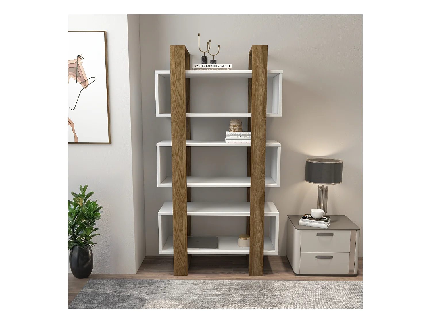 Reina Bibliothèque 150 cm H  Rangement 3 Niveaux Étagères (Blanc et Oud)