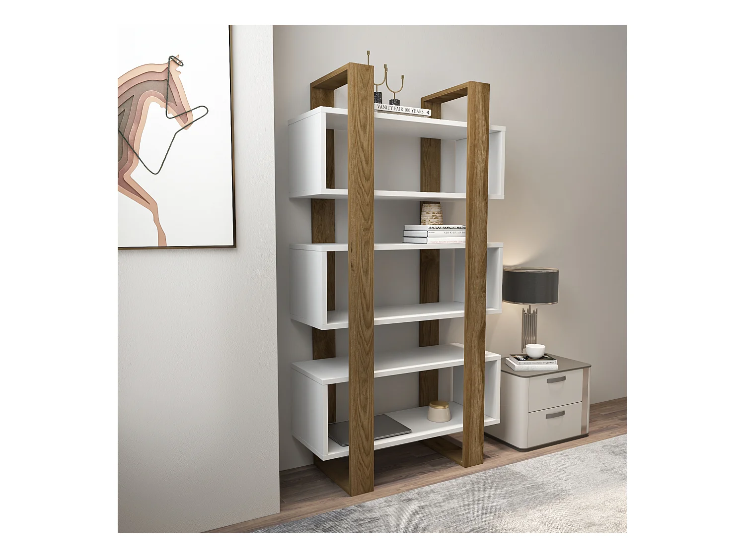 Reina Bibliothèque 150 cm H  Rangement 3 Niveaux Étagères (Blanc et Oud)