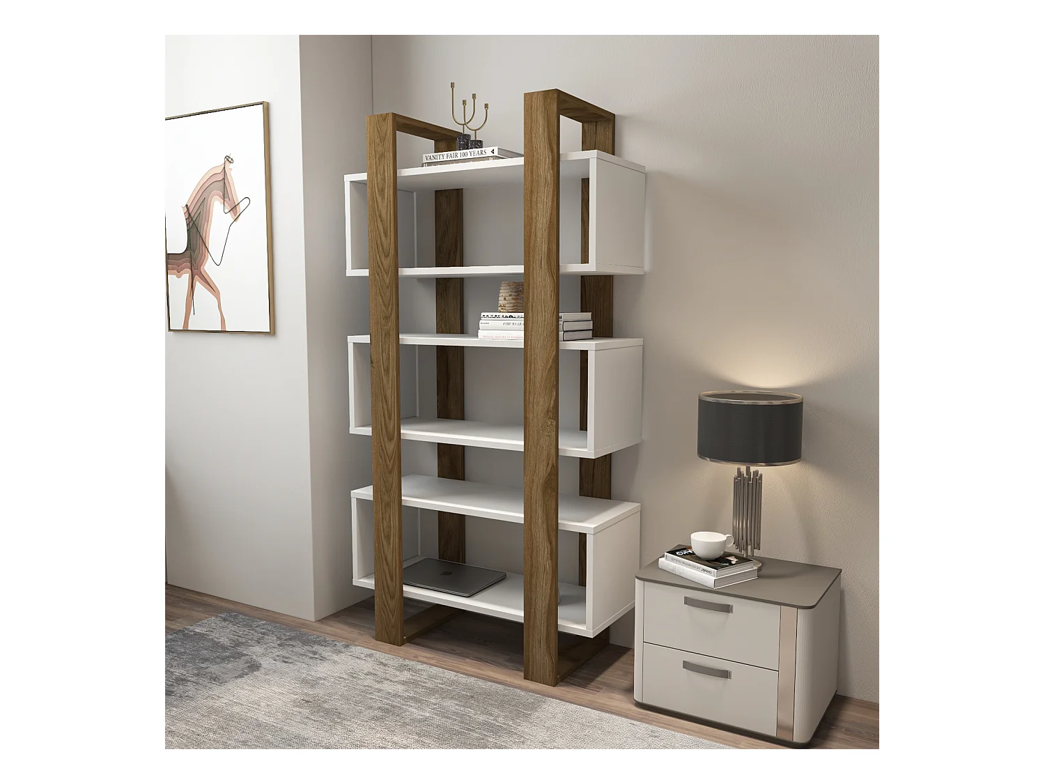 Reina Bibliothèque 150 cm H  Rangement 3 Niveaux Étagères (Blanc et Oud)