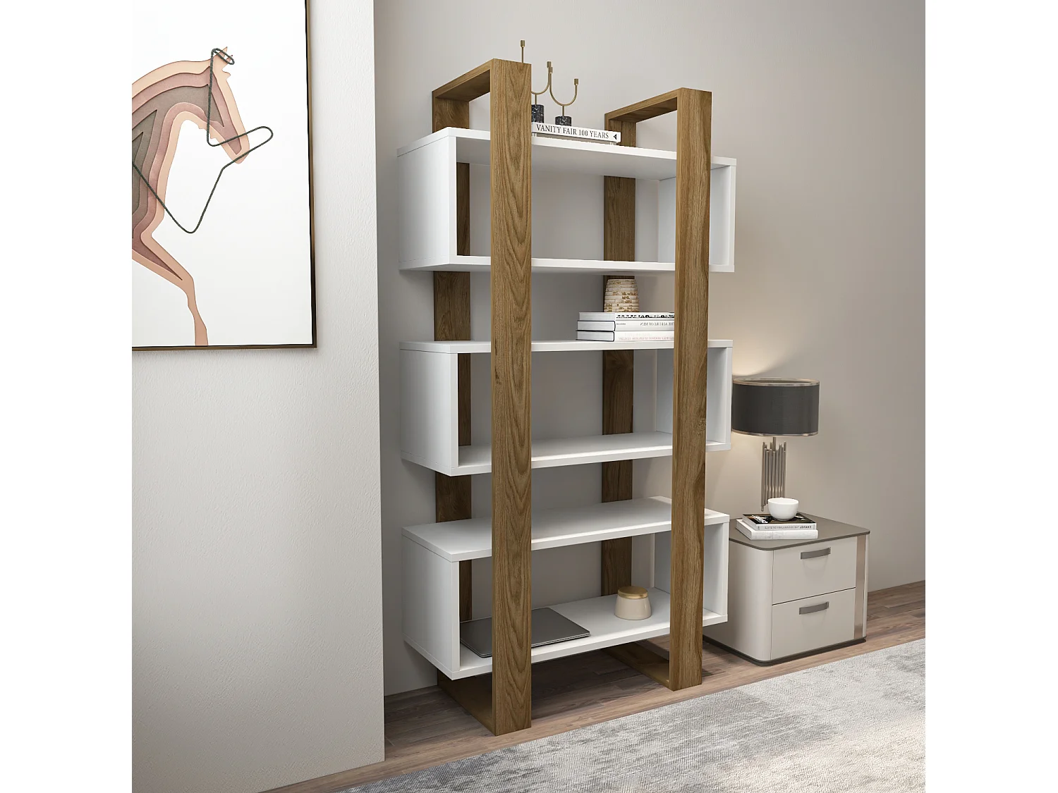 Reina Bibliothèque 150 cm H  Rangement 3 Niveaux Étagères (Blanc et Oud)