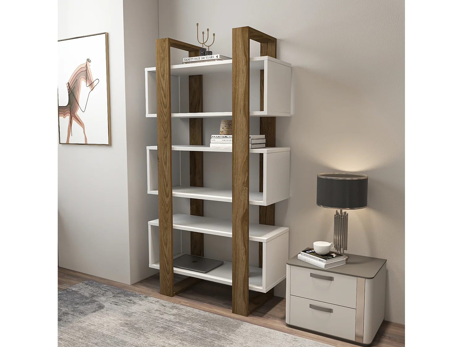 Reina Bibliothèque 150 cm H  Rangement 3 Niveaux Étagères (Blanc et Oud)