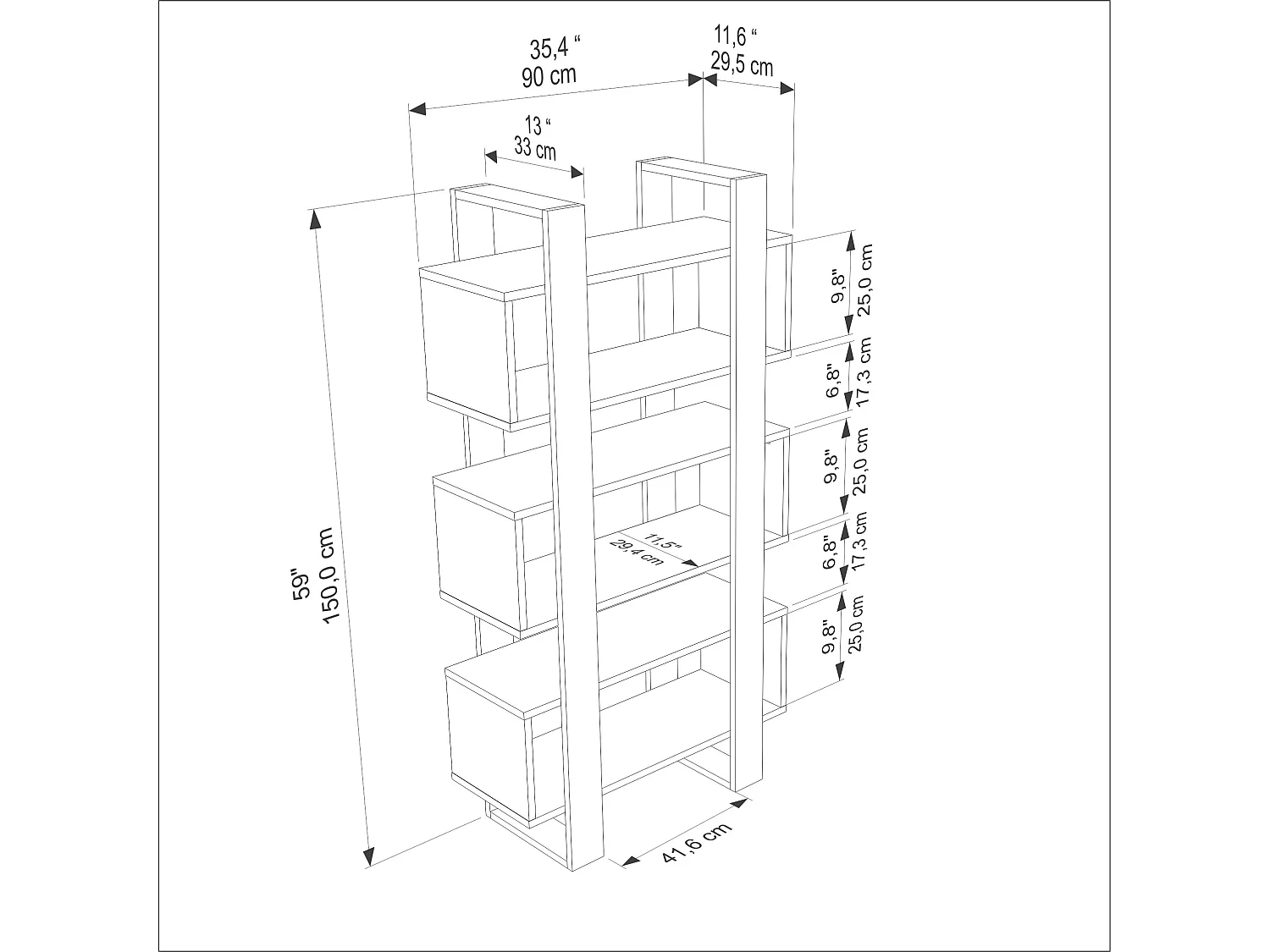 Decorotika Reina Bookcase 3-tier H 150 cm x W 90 cm x D 33 cm