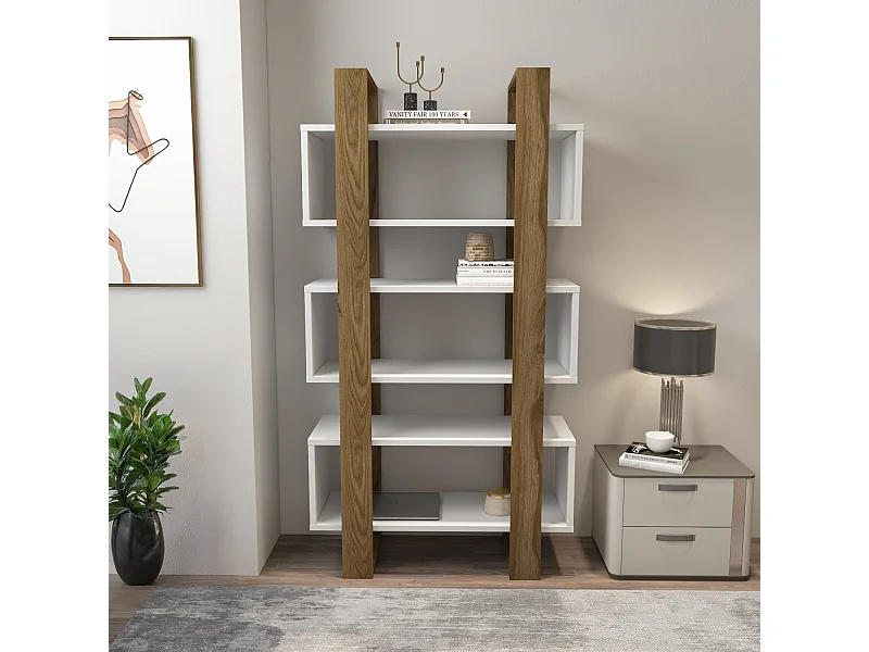 Reina Bibliothèque 150 cm H  Rangement 3 Niveaux Étagères (Blanc et Oud)
