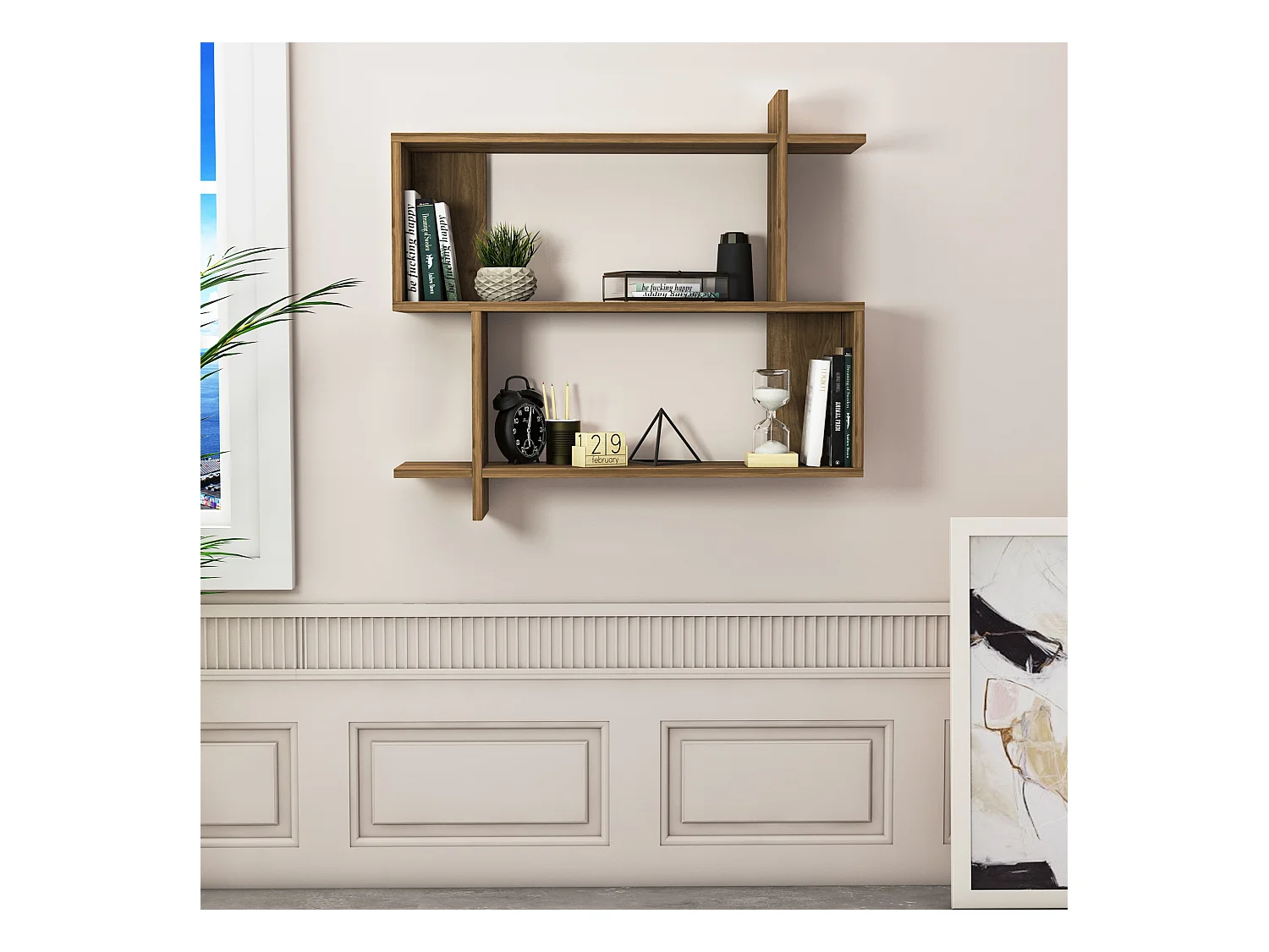 Mina Etagère Murale 2 Niveaux Design Modern (Noyer)