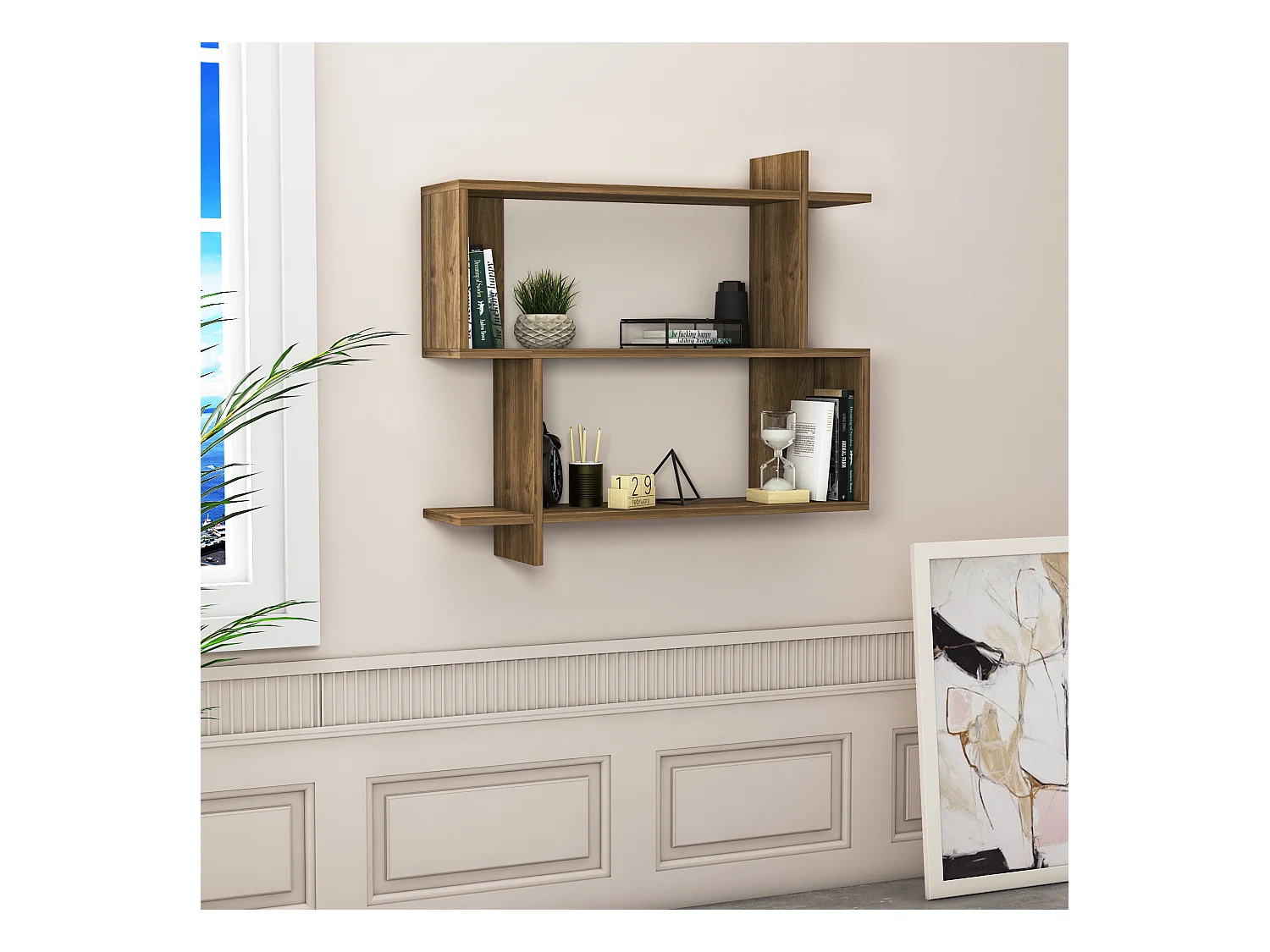 Mina Etagère Murale 2 Niveaux Design Modern (Noyer)