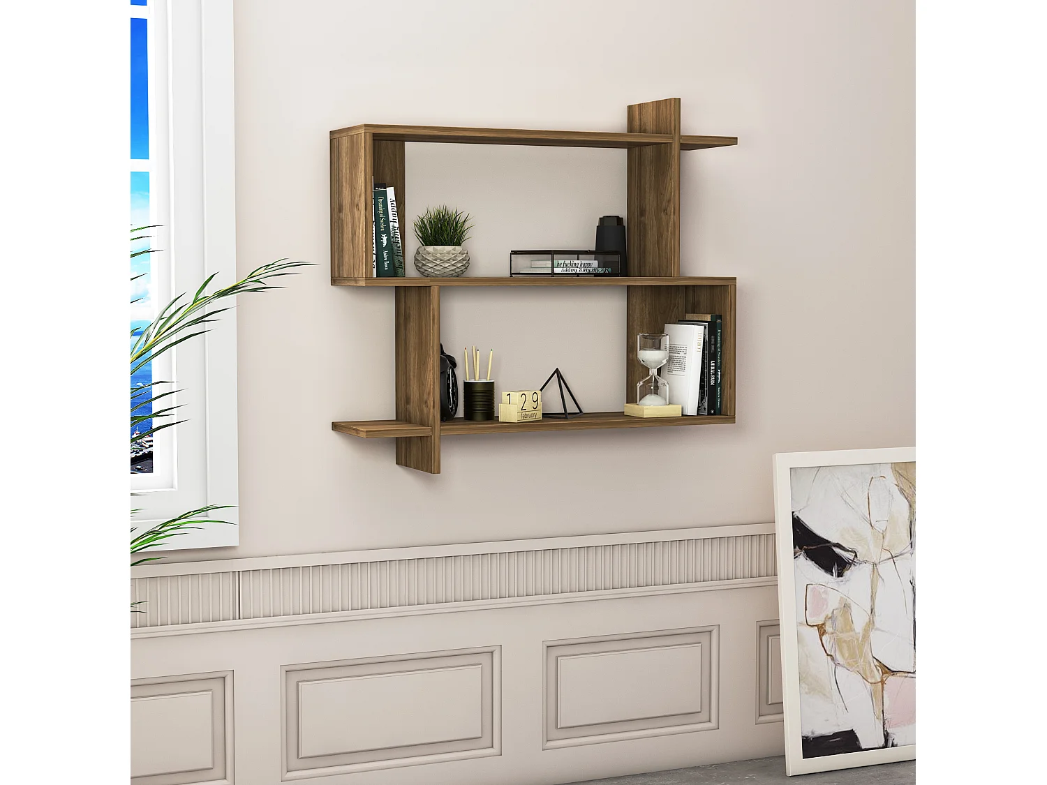 Mina Etagère Murale 2 Niveaux Design Modern (Noyer)