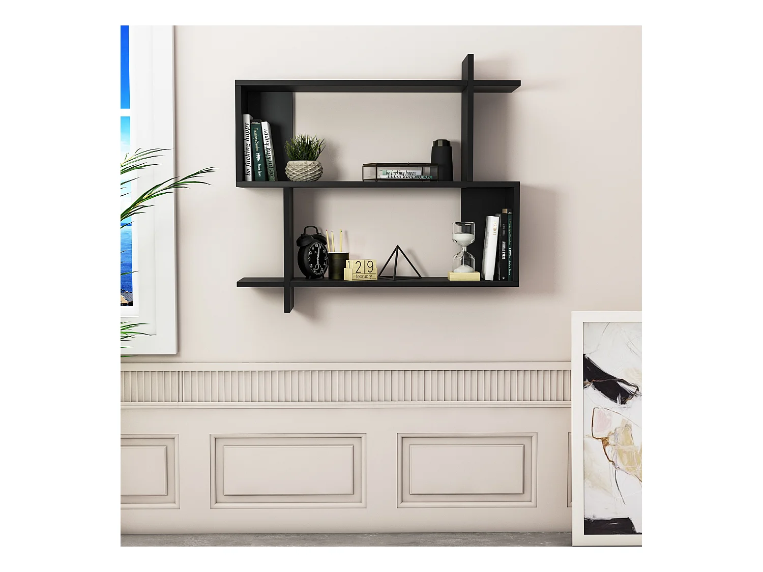 Mina Etagère Murale 2 Niveaux Design Modern (Noir)