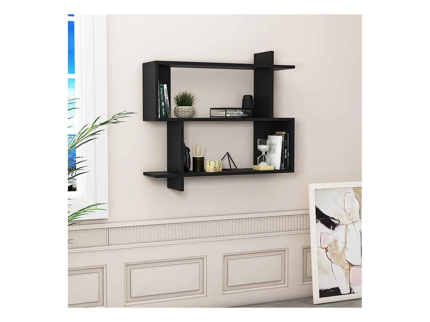 Mina Etagère Murale 2 Niveaux Design Modern (Noir)