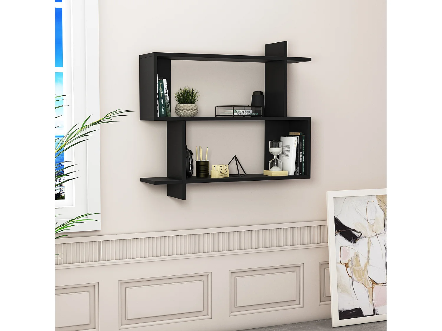 Mina Etagère Murale 2 Niveaux Design Modern (Noir)