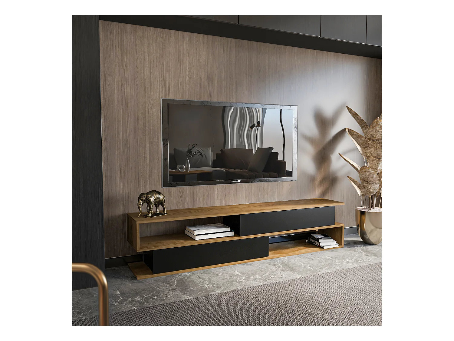 Meuble TV Cortez de 160 cm avec 2 armoires et 2 niches  (Oud et Noir)