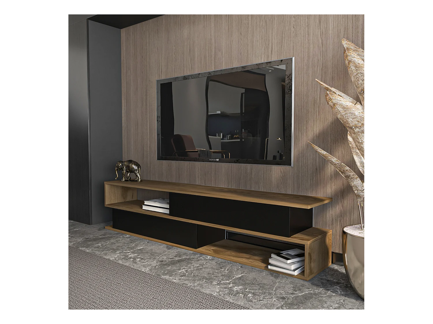 Meuble TV Cortez de 160 cm avec 2 armoires et 2 niches  (Oud et Noir)