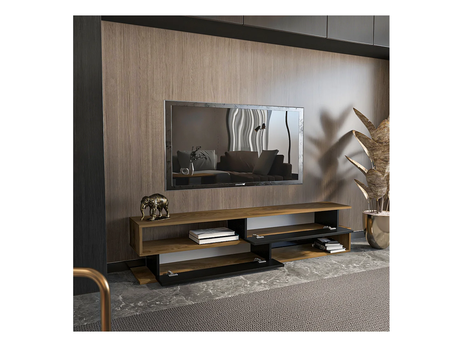 Meuble TV Cortez de 160 cm avec 2 armoires et 2 niches  (Oud et Noir)