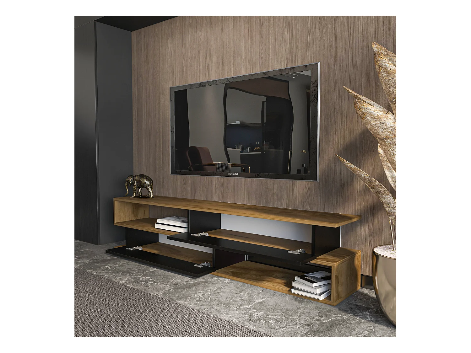 Meuble TV Cortez de 160 cm avec 2 armoires et 2 niches  (Oud et Noir)