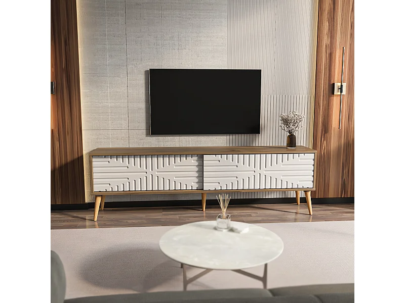 Riso Meuble TV 180 cm Portes en MDF Coulissantes (Noyer et Blanc)