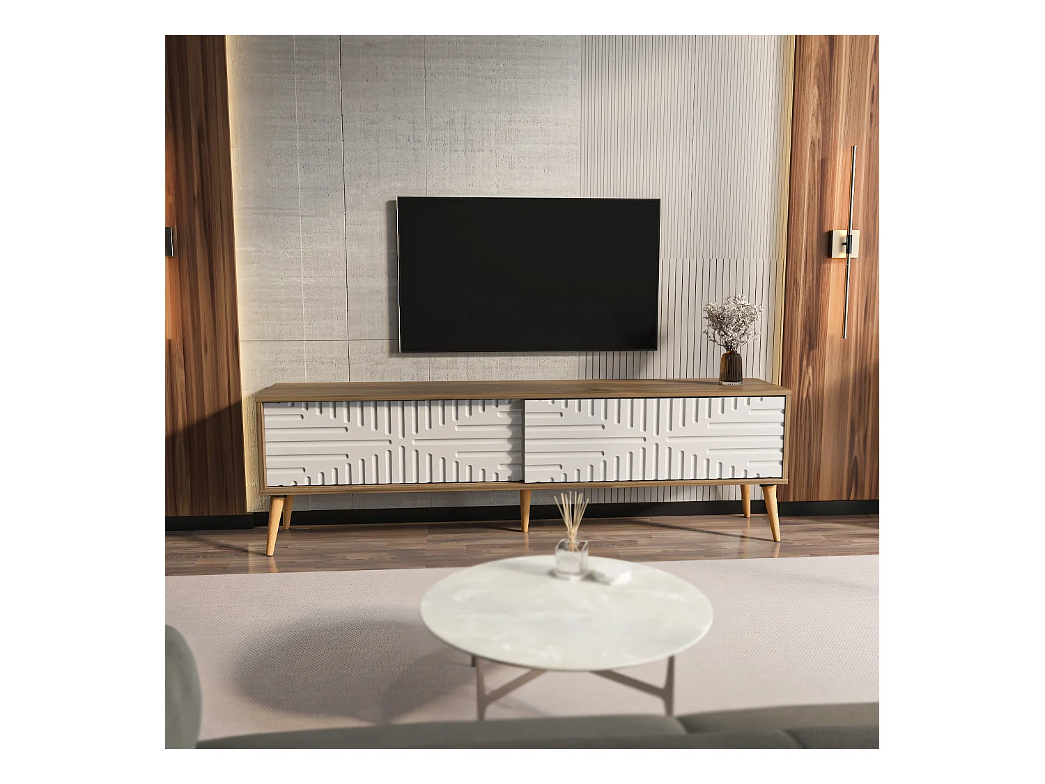 Riso Meuble TV 180 cm Portes en MDF Coulissantes (Noyer et Blanc)