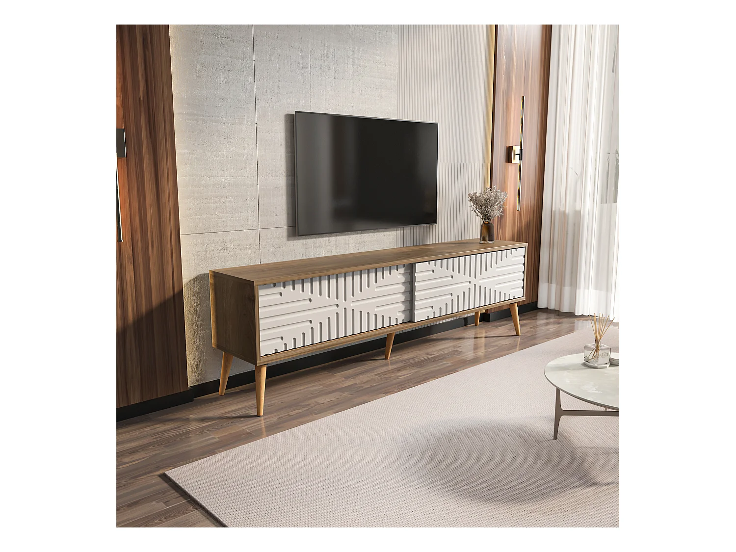 Riso Meuble TV 180 cm Portes en MDF Coulissantes (Noyer et Blanc)