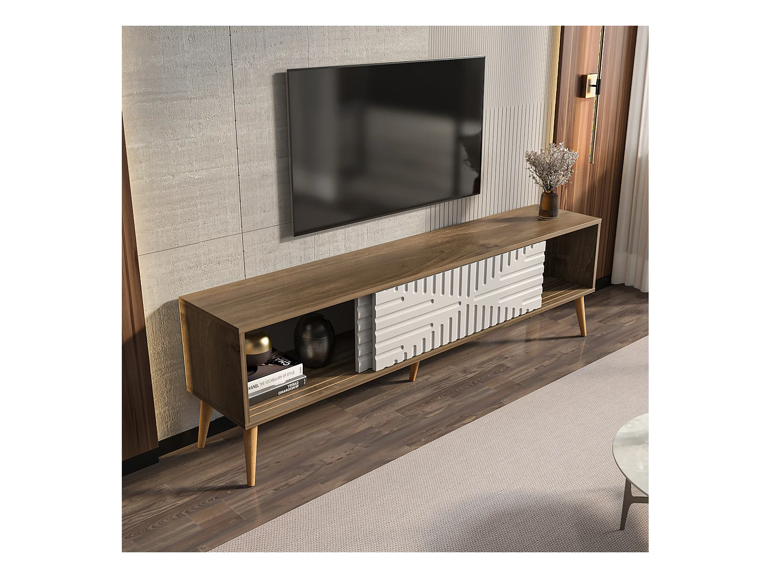 Riso Meuble TV 180 cm Portes en MDF Coulissantes (Noyer et Blanc)