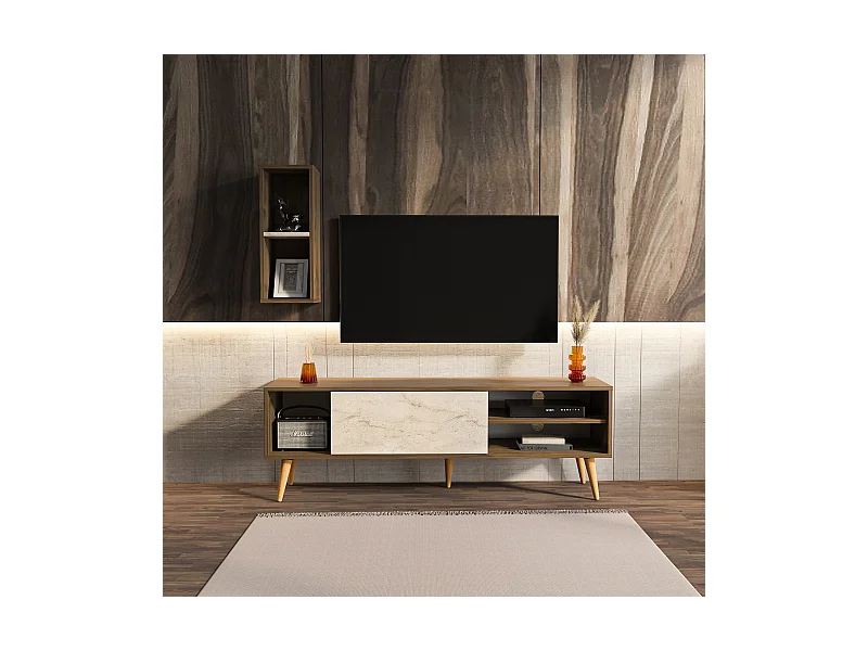 Rans Meuble TV | Banc TV | Rangement | Etagère Murale Incluse (Noyer et Traverter)