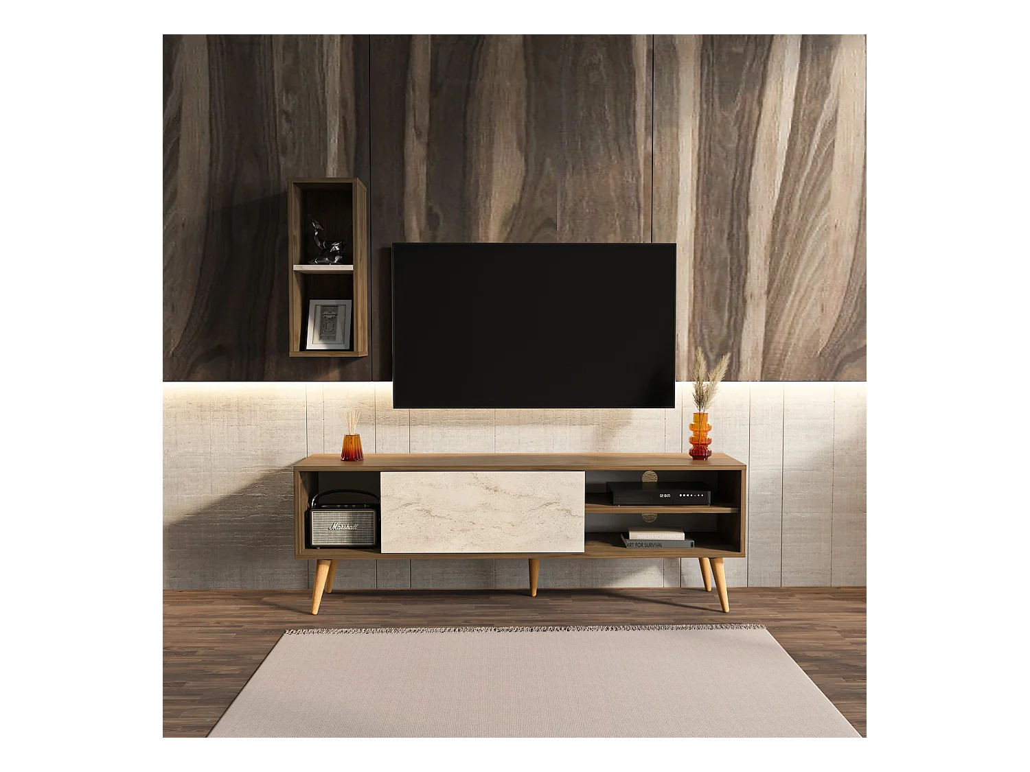 Rans Meuble TV | Banc TV | Rangement | Etagère Murale Incluse (Noyer et Traverter)