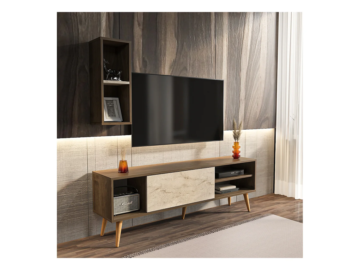 Rans Meuble TV | Banc TV | Rangement | Etagère Murale Incluse (Noyer et Traverter)