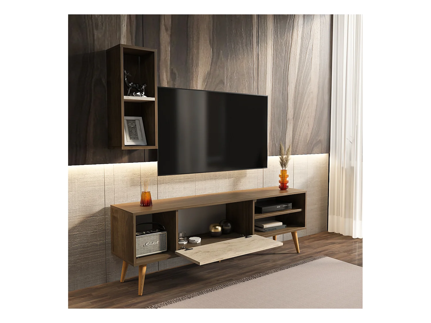 Rans Meuble TV | Banc TV | Rangement | Etagère Murale Incluse (Noyer et Traverter)