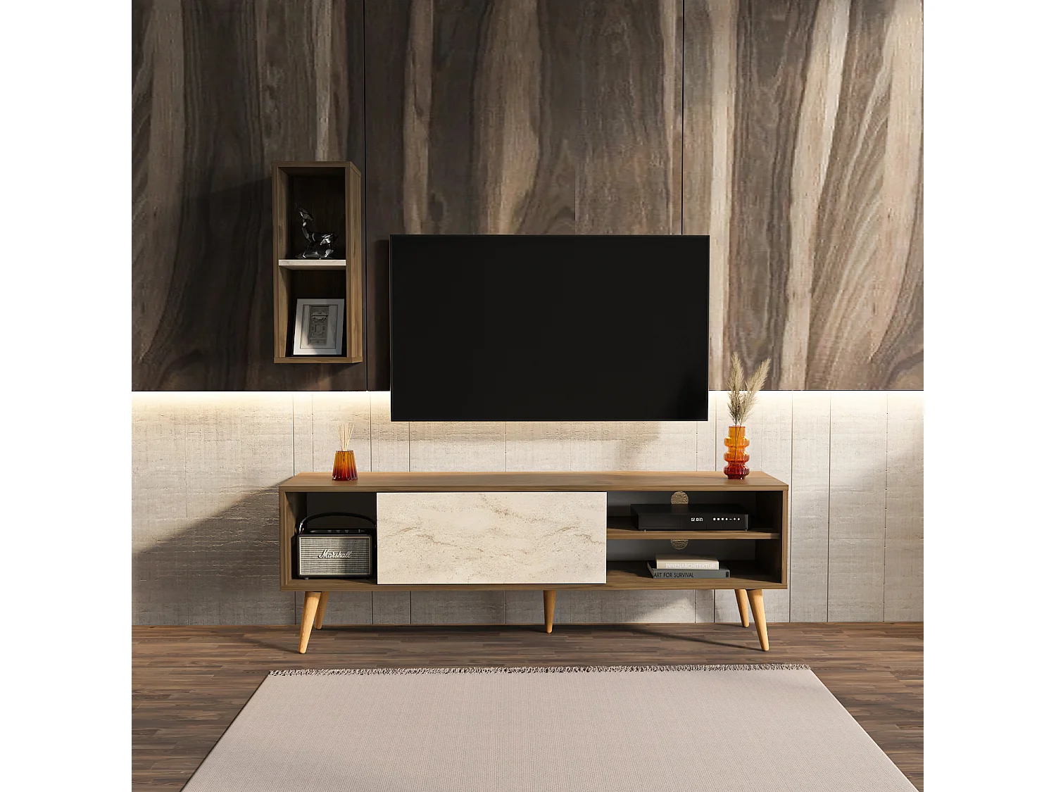 Rans Meuble TV | Banc TV | Rangement | Etagère Murale Incluse (Noyer et Traverter)