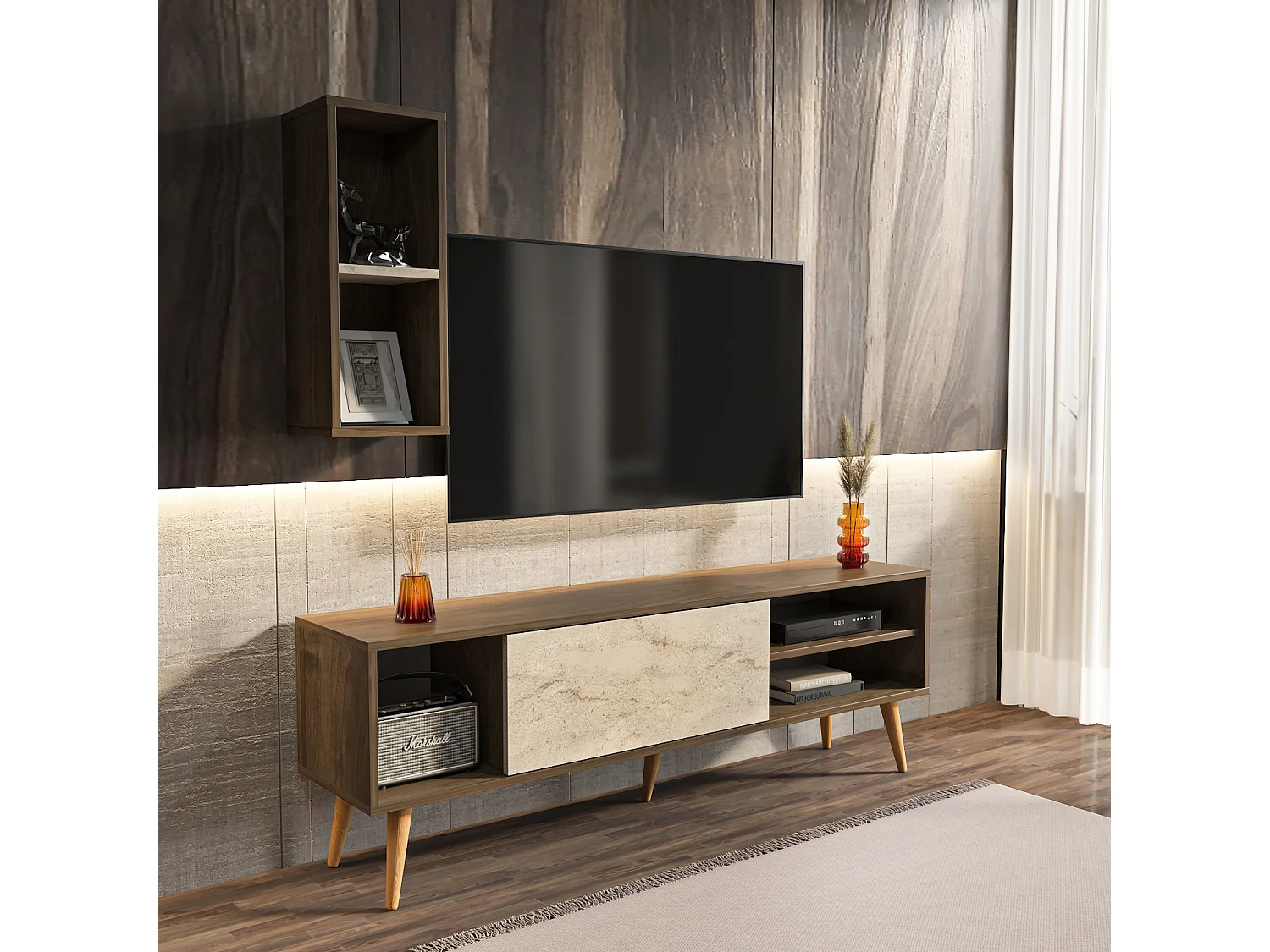 Rans Meuble TV | Banc TV | Rangement | Etagère Murale Incluse (Noyer et Traverter)